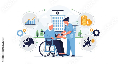 EU Social Policy on Elderly Women Healthcare Support and Gender-Based Medical Funding Inequality Illustration