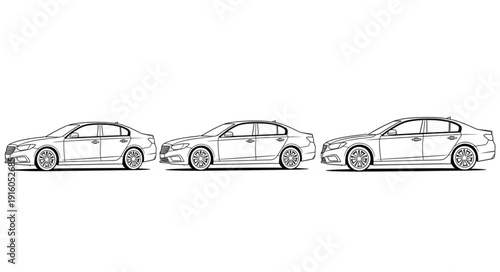 Three Sedan Cars Lined Up Side By Side Sketch.
