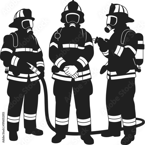 Silhouette firefighters in protective gear teamwork, emergency response safety illustration, hose communication, preparedness, professional rescue support