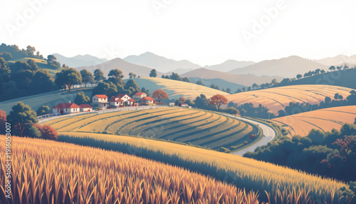 Flat colored village and nature scenery background 