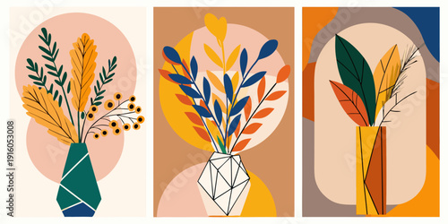 Abstract botanical art featuring floral arrangements in vases triptych format