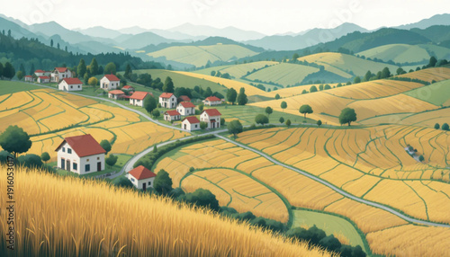 Flat colored village and nature scenery background 