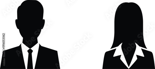 Silhouette illustration of professional man and woman, business attire, anonymous profile icons, corporate concept, teamwork representation, generic figures