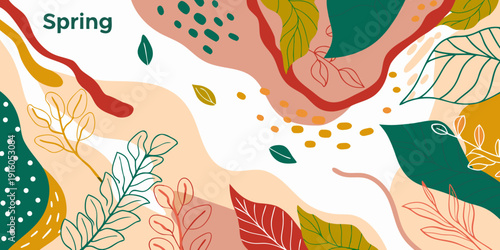 Abstract floral background with shapes and the word spring displayed