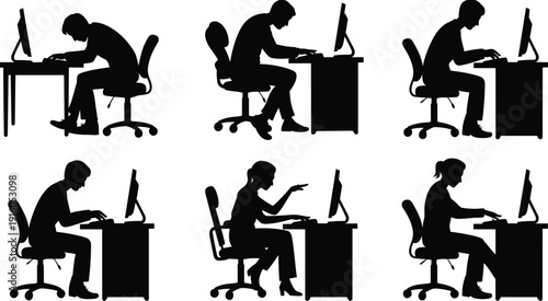 Silhouette illustrations of office workers seated at desks using desktop computers, showing different ergonomic postures and workplace habits
