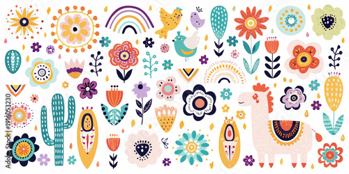 Colorful floral and animal pattern with cacti and rainbow elements