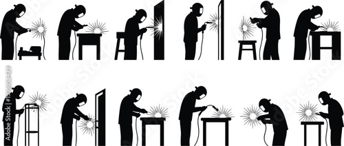 Silhouette welders with protective helmets performing industrial welding tasks, sparks flying on metal frames, panels, stools, tables