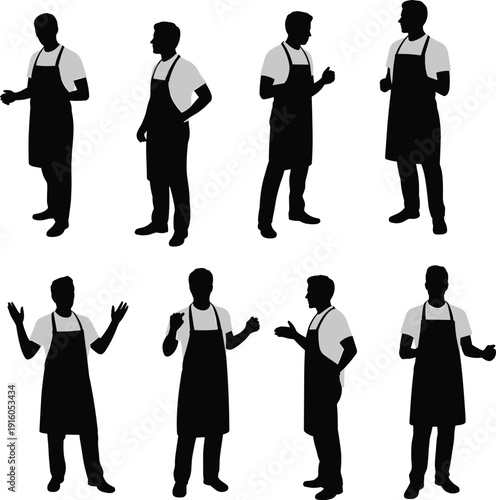 Silhouette workers in aprons, service staff poses, teamwork gestures, hospitality industry illustration, culinary teamwork concept, professional workplace design