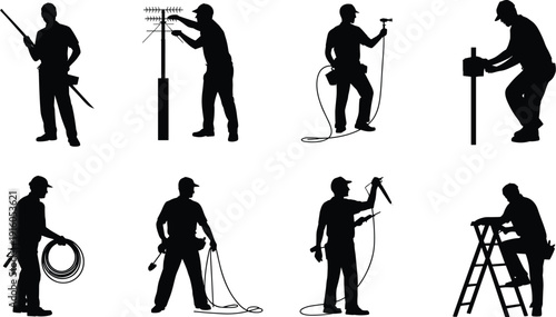Silhouettes of cable installation and electrical maintenance workers performing tasks with tools, ladders, antennas, cables, and equipment
