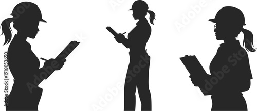 Silhouettes of construction inspectors wearing hard hats holding clipboards, engaged in safety inspection and documentation activities at worksite