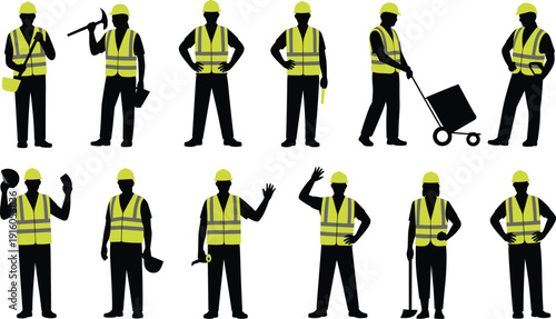 Silhouettes of construction workers in safety vests and hard hats performing various tasks with tools on building site, teamwork