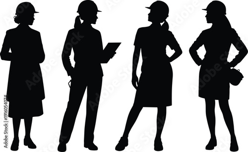 Silhouettes of construction workers wearing hard hats, diverse industrial team standing together, engineering professionals in workplace safety gear
