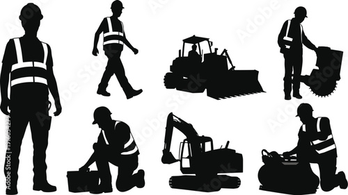 Silhouettes of construction workers with safety helmets and vests operating bulldozer, excavator, and road roller equipment on site