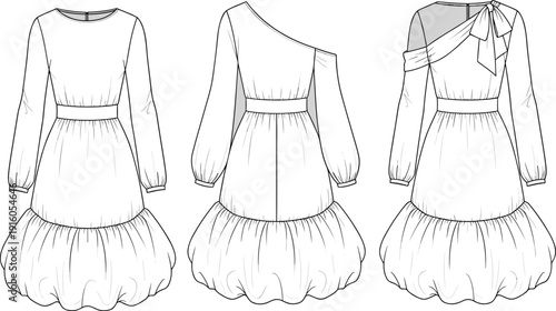 Women One Shoulder Long Sleeve Puff Hem Mini Dress Collection Technical Flat Sketch Vector Illustration for Fashion Design Apparel Mockup