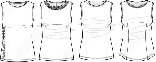 Women Sleeveless Tank Top Collection Technical Flat Sketch Vector Illustration with Crew Neck and Ruffle Neckline Detail Fashion Mockup