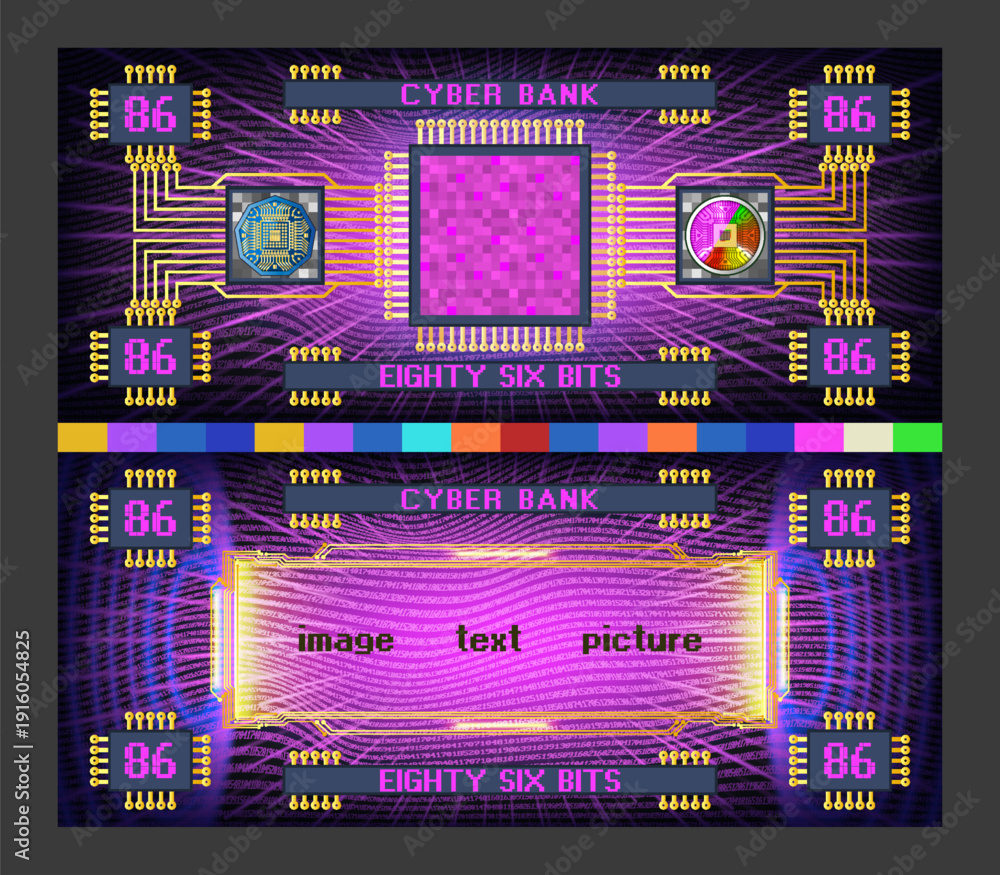 Fototapeta premium Vector obverse and reverse of futuristic abstract electronic banknote. Digital money. Cyber bank, denomination 86 bits. Bright glowing radiant screen. Graphic computer chip, pixels. Sample