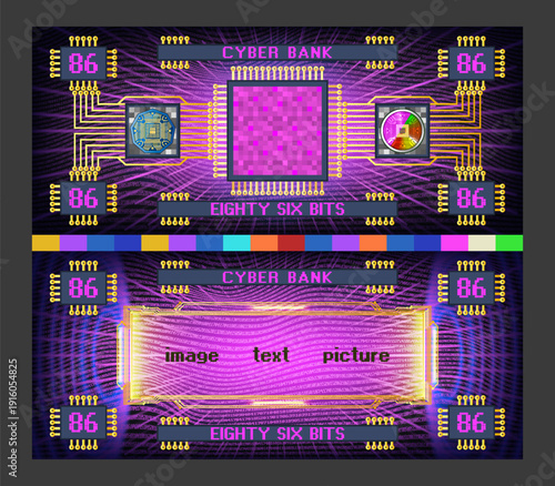 Vector obverse and reverse of futuristic abstract electronic banknote. Digital money. Cyber bank, denomination 86 bits. Bright glowing radiant screen. Graphic computer chip, pixels. Sample