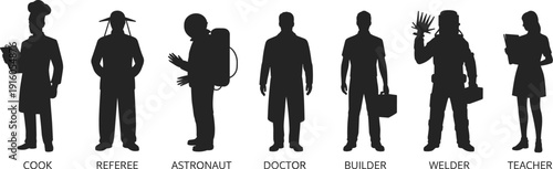 Silhouettes of diverse professions including cook, referee, astronaut, doctor, builder, welder, teacher, representing workforce diversity and careers