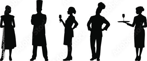 Silhouettes of diverse restaurant staff including chefs, waitresses, hostess, and sommelier representing hospitality teamwork and professional service roles