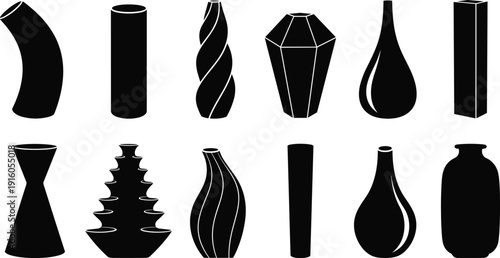 Black silhouette vector of various modern decorative vases, ceramic pottery jars, and minimalist home decor containers for interior design themes.