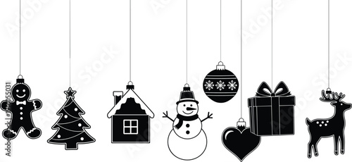 Black silhouette vector of hanging Christmas ornaments including gingerbread man, tree, house, snowman, bauble, gift box, heart, and reindeer decoration.