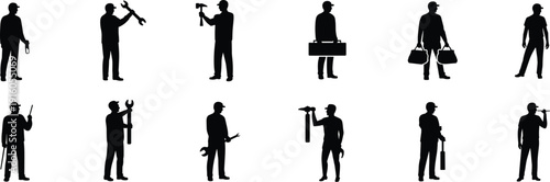 Silhouettes of diverse workers holding tools, representing various trades, occupations, and technical professions in manual labor and construction industries
