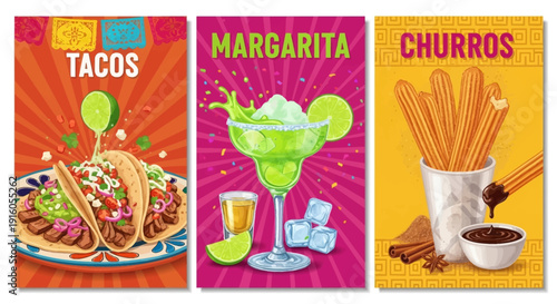 Vibrant Mexican food posters featuring savory street tacos, a refreshing margarita cocktail, and crispy cinnamon sugar churros for a festive menu promotion.