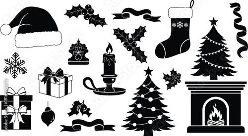 Black silhouette vector of Christmas elements including santa hat, pine trees, fireplace, gift boxes, holly leaves, and winter holiday ornaments.