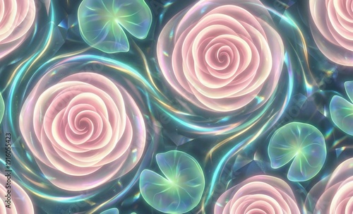 Abstract roses and lily pads swirl in ethereal light