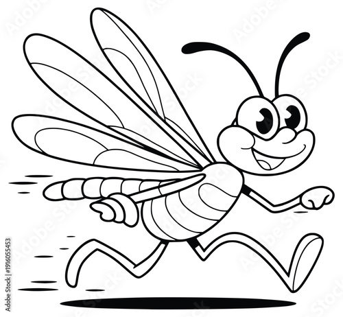 Joyful Bug in Motion: A whimsical illustration of a smiling bug sprinting with boundless energy, embodying the spirit of playful activity and lighthearted fun.