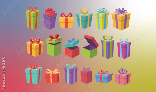 An abundant collection of 20 festive, colorful gift boxes presented in a vibrant array, symbolizing generosity and the joy of giving. .Vector illustration