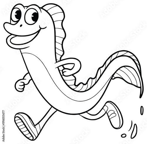 Energetic Eel Cartoon: a cheerful cartoon eel joyfully running, capturing the essence of playful energy and animated movement.