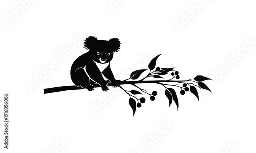 Koala sitting on branch with leaves and berries vector