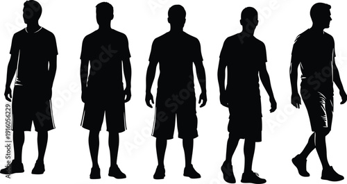 Set of five male silhouettes standing and walking in casual summer clothing, lifestyle poses, vector illustration isolated on white background for design projects
