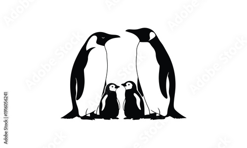 Penguin family, two adults and two chicks, standing together
