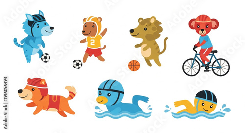 Cute cartoon animals playing sports and riding a bicycle.