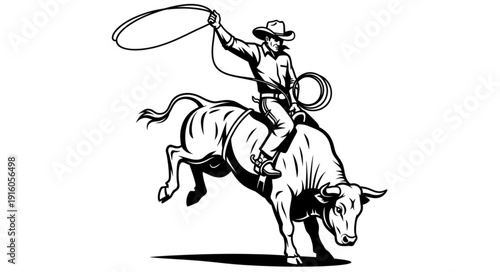 Cowboy riding a bucking bull with a lasso.