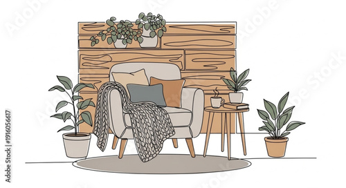 Cozy armchair with pillows and plants in a modern living room setting.