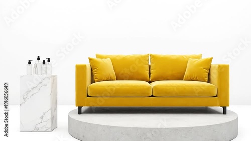 A vibrant yellow sofa, with pillows, set on a round concrete base. Beside, a marble pillar holds glass bottles