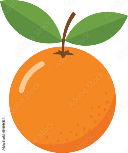 A ripe orange with two green leaves on a white background Keywords: orange, fruit, citrus, food, healthy, vitamin C, juicy, round, spherical