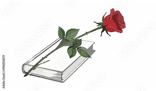 Romantic red rose bookmark on hardcover book vector illustration hand-drawn floral design