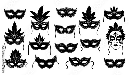 Carnival masquerade mask silhouettes vector set black icons for party and Halloween