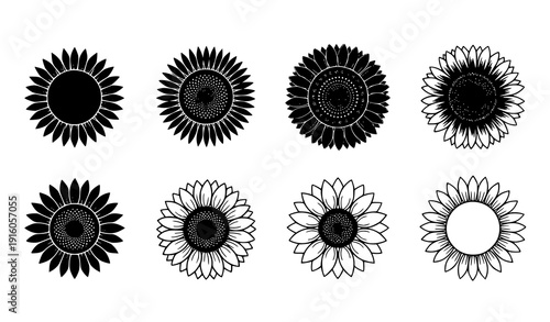 Black and White Sunflower Icon Set with Minimal and Detailed Floral Designs