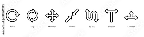 Directional Flow web banner featuring Reload, Loop, Movement, Minimize, Zig Zag, Direction, and T Junction, representing motion, paths, and digital navigation concepts.
