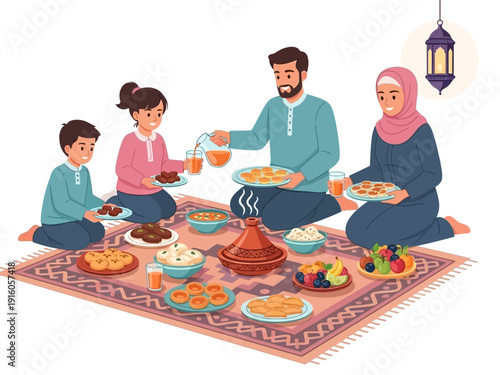 Family Feast on Carpet with Ramadan Lantern Decoration
