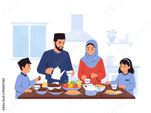 Father Pouring Drink During Suhoor with Family in Kitchen 