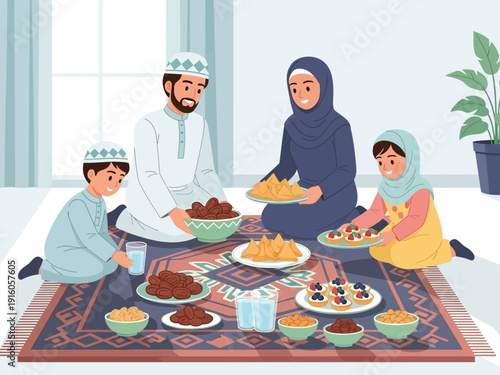 Muslim Family Breaking Fast with Dates and Sweets on Carpet 
