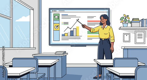 Teacher presenting on screen in classroom with students desks