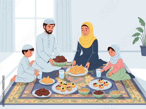 Muslim Family Enjoying Takjil and Samosa During Iftar Meal