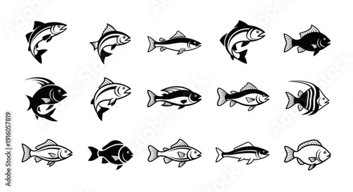 Collection of Various Fish Silhouettes Vector Illustration.